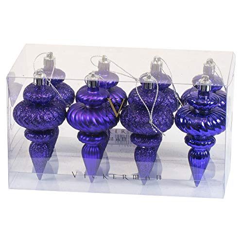 Vickerman 4in Finial Christmas Ornaments - 8 Pack Shatterproof Purple Finial Decorations