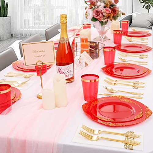 Morejoy 175PCS Red & Gold Disposable Plastic Plates Set - Elegant Partyware