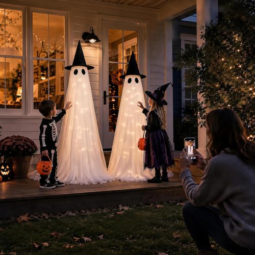 CheerBloom 2 Pack 5 Ft Large Light Up Ghost Decorations - Halloween Outdoor Decor, USB & Battery Powered, Remote Control, 8 Lighting Modes (Variant: 2PK-LARGE-LED-GHOST)
