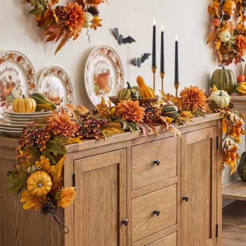 Fall Garland with Pumpkins, Berries & Pine Cones - Style 1, 6 Ft Autumn Decor
