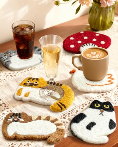 Kokaaee Cow Cat Felt Coaster - Wool Table Mat for Drinks, 1pc