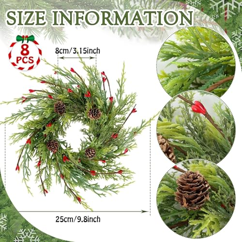 YLOLUL Cedar Artificial Christmas Candle Rings 8 Pcs, 9 Inch Wreaths with Berries & Pinecones, Winter Holiday Decor