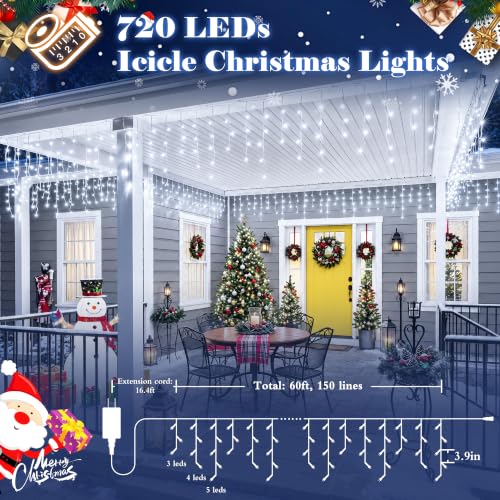 Guhope Outdoor 60FT Cool White Icicle Lights 720 LEDs for Christmas and Holiday Decor