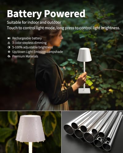 White Cordless Rechargeable LED Desk Lamp - Portable Touch Dimmable Light with 5000mAh Battery - 2 Pack