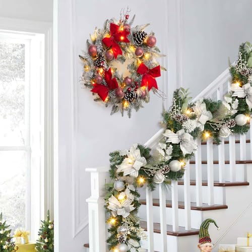 GarveeHome 24in Red & White Pre-Lit Christmas Wreath with Bow, Pinecones, Berries, Balls & 30 LEDs (Battery Operated)