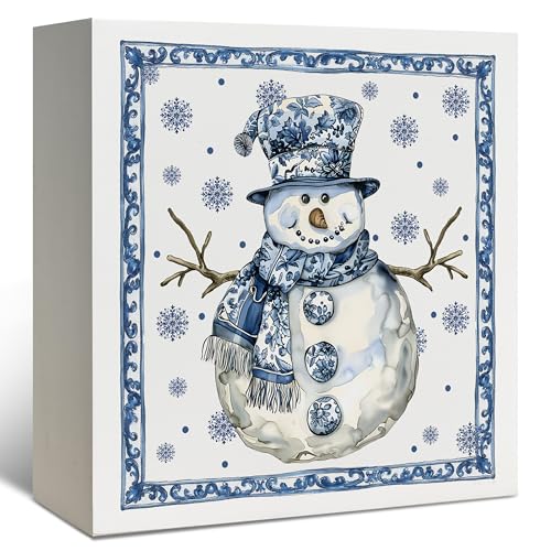 Dayouer Chinoiserie Snowman Wooden Sign - Blue & White Christmas Decor, 5x5 Inch