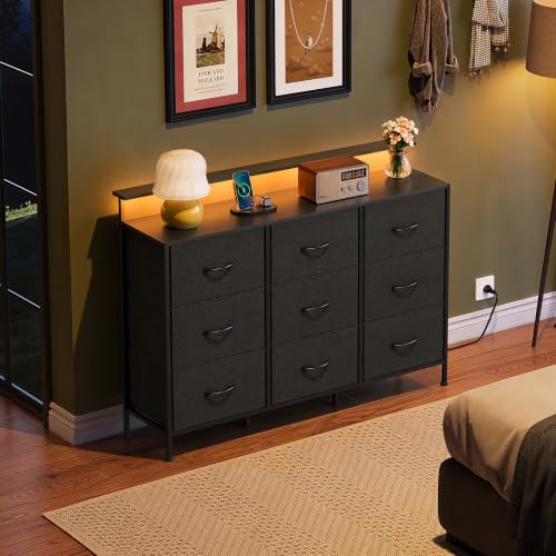 WLIVE Black 9-Drawer TV Stand Dresser with LED Lights & Fabric Storage