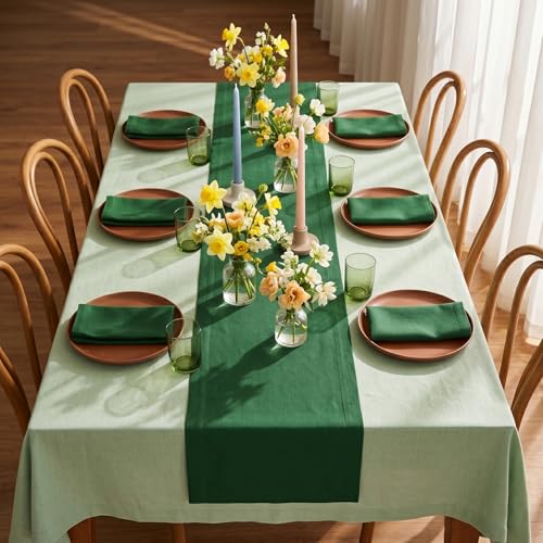 Solino Home 100% Linen Table Runner 14 x 120 Inches Pine Green - Handmade European Flax