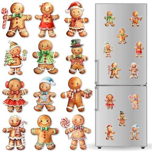 12 Pcs Christmas Gingerbread Magnet Decorations - Magnetic Xmas Refrigerator Fridge Magnet Stickers, Holiday Car Decal Garage Door Magnets for Dishwasher, Cruise Ship Door Decor
