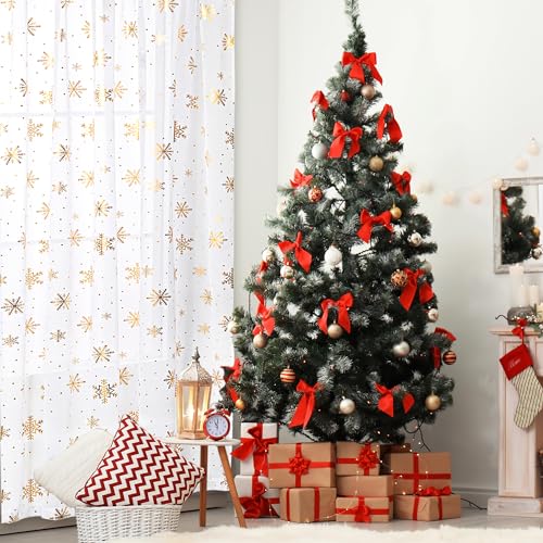 Karseteli 52W x 84L Snowflake Gold Foil Christmas Sheer Curtains, 2 Panels White