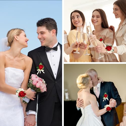 2pcs Red Corsage Wristlet Boutonniere for Men Silk Christmas Corsgea and Boutonniere Set Double Pearl Wrist Corsage Bracelets Rose Boutonniere for Wedding Party Prom Decor