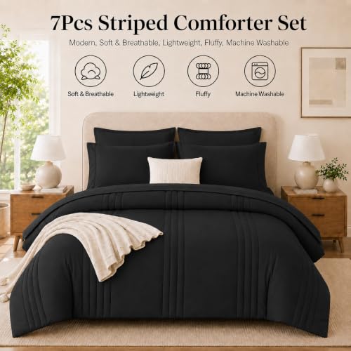 Velorose King Size Black Comforter Set 7 Pieces Bed in a Bag, All-Season Bedding
