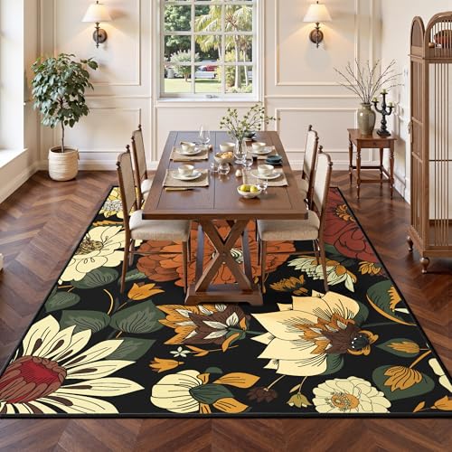 Boho Floral Area Rug 5x7 with Non-Slip Backing - Washable, Mid-Century Modern Style - Warm Ember
