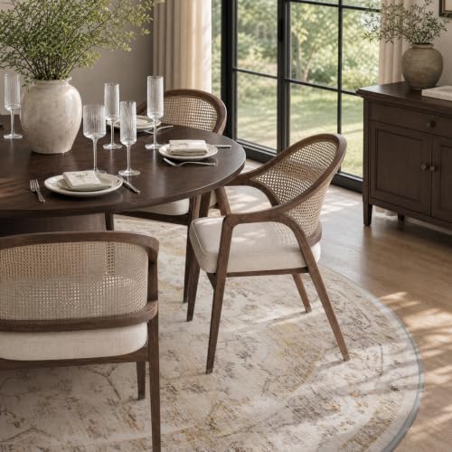 6ft Round Beige Rug for Living Room & Bedroom - Non Slip, Machine Washable