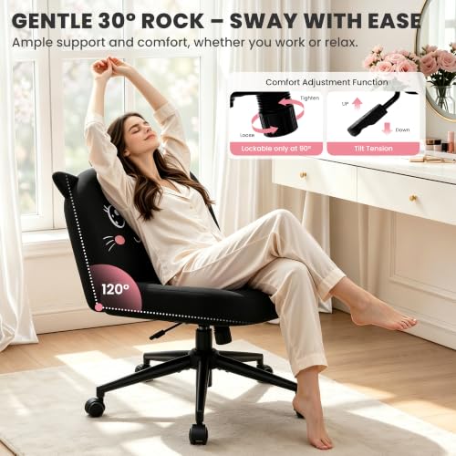 ALLGOD Black Cat Shape Armless Vanity Chair with Soft Fabric, Playful Office Desk Seat
