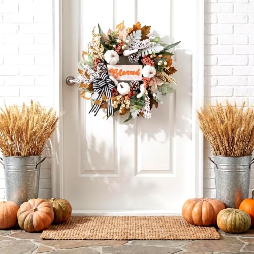 Fall Wreath for Front Door 22 Inch Autumn Harvest Decor with White Pumpkin & Ribbon Bow