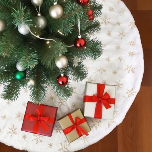 Rysnirs 48 Inch Faux Fur Christmas Tree Skirt with Gold Sequin Snowflakes