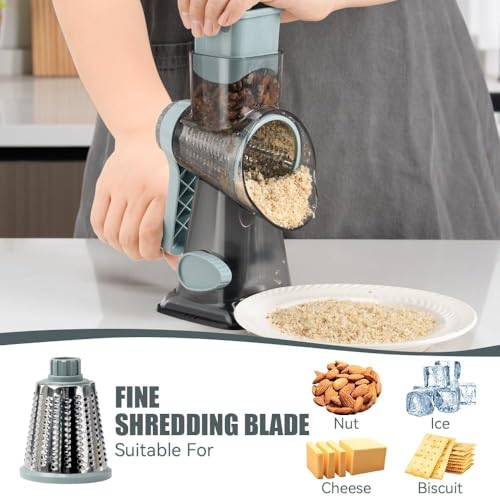 KEOUKE Rotary Cheese Grater 6-in-1 Hand Crank Shredder & Slicer - Grey Blue SP