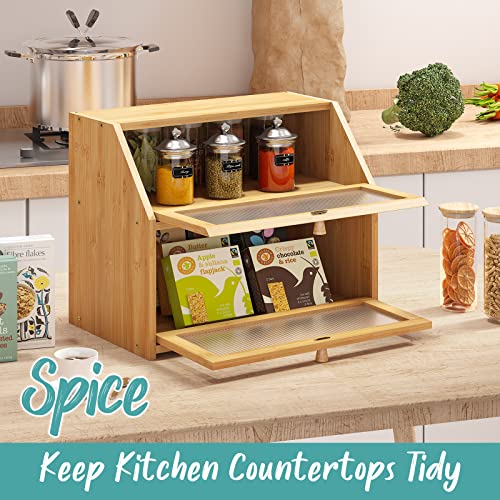 Vriccc Natural Large Bamboo Double Layer Bread Box – Kitchen Counter Storage