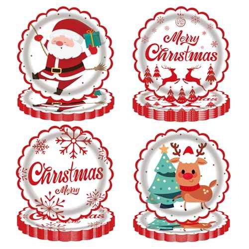 48 Pack Christmas Paper Plates Disposable 7 Inch - 4 Assorted Designs with Santa, Reindeer & Holiday Greetings - Heavy Duty Red & White Holiday Plates for Christmas Party Supplies, Dinner, Dessert