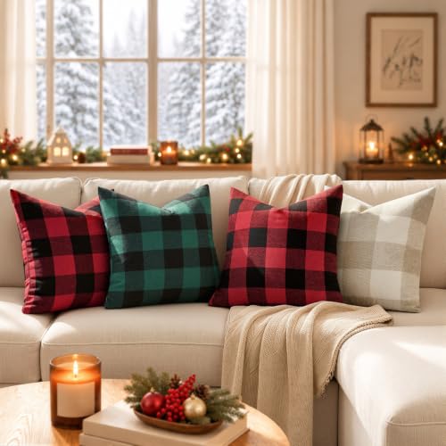 MIULEE 18x18 Inch Christmas Plaid Pillow Covers 2-Pack Black & Red