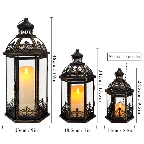 19/13.5/9.5-inch Set of 3 Black & Gold Metal Candle Lanterns with Tempered Glass - Indoor & Outdoor Decor