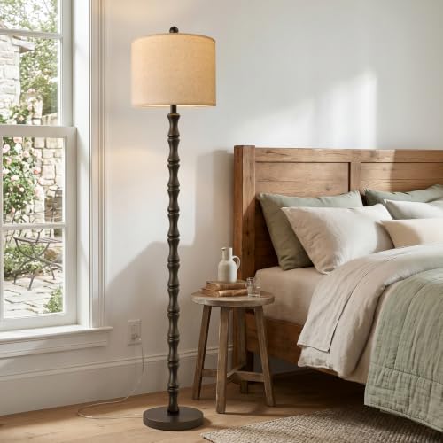 Dark Brown Farmhouse Floor Lamp with Linen Shade - 62 Inch Standing Light for Living Room & Bedroom - Rustic Corner Decor