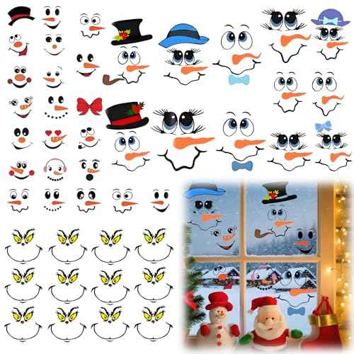 44 PCS Snowman Face Stickers for Crafts, Waterproof Christmas Vinyl Decals for Ornaments, Glass, Water Bottles, Cups, Windows, Refrigerator Wall Stickers DIY Cartoon Decor for Party Supplies, 3 Styles