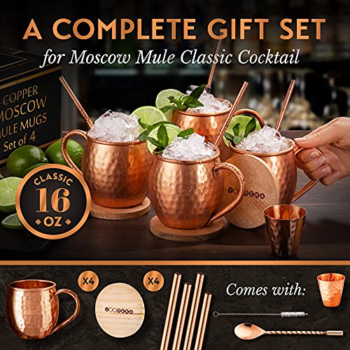 Yooreka Oval Copper Moscow Mule Mugs Set of 4 16oz Handcrafted Pure Copper Drinkware with Coasters & Accessories