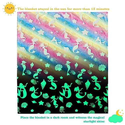 Cloele Glow in The Dark Blanket Mermaid Toys for 2 3 4 5 6 7 8 9 10 Year Old Kids Girls - Mermaids Room Decor Flannel Travel Throw Blanket Glowing Luminous Birthday Christmas Valentines Gifts,50"x60"