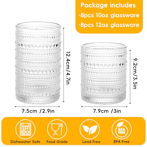 16PCS Clear Hobnail Drinking Glasses Set - 8 Highball (12oz) & 8 Cocktail (10oz) Vintage Water Cups