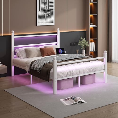 Full Size Bed Frame with Headboard Footboard Steel Slats USB Charging White