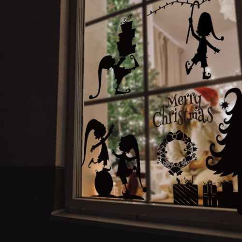 2 Sheets Christmas Silhouette Window Clings Black Xmas Tree Elves Gift Box Reusable Window Decals for Home School Office Winter Party Supplies