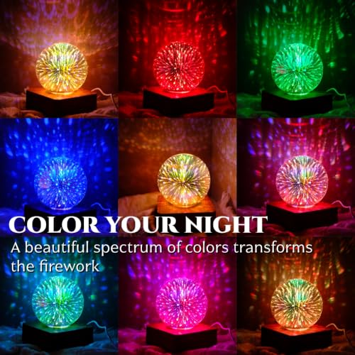 3D Fireworks Glass Ball Night Light - 7-Color Changing Table Lamp with Wooden Base | HOWORR
