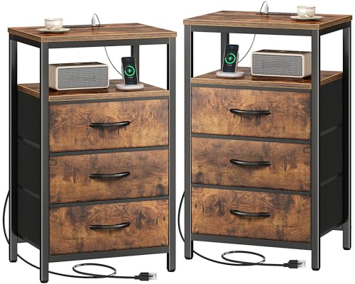 Huuger Rustic Brown Nightstands Set of 2 with Charging Station - 27.6 Inch Tall, 3 Drawers
