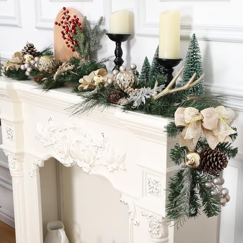 Takywep 6ft Champagne Gold Christmas Garland with Lights, Faux Pine, Decor Balls & Bows
