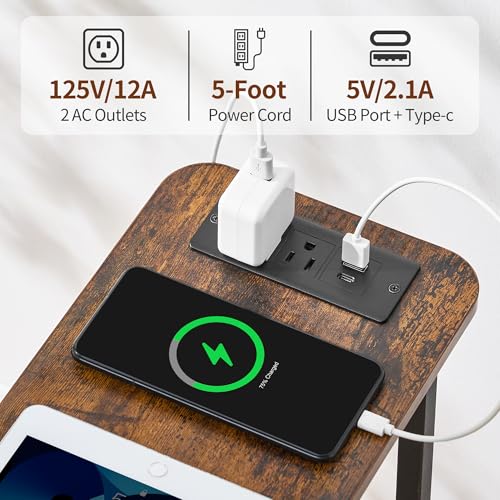 7.9 W x 18.9 D Narrow End Table with Charging Station & LED Light - Rustic Brown