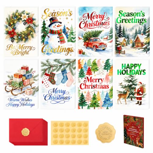 Bulk Christmas Cards with Envelopes & Stickers - Watercolor Holiday Designs