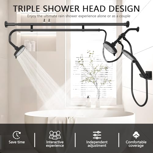 MLLNFUE Black Tandem Dual Shower Head Set with Handheld, High Pressure, Adjustable Spray
