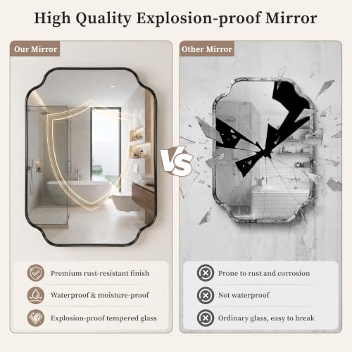 40x30 Inch Bathroom Wall Mirror with Scalloped Frame - Black, HD Shatterproof Glass