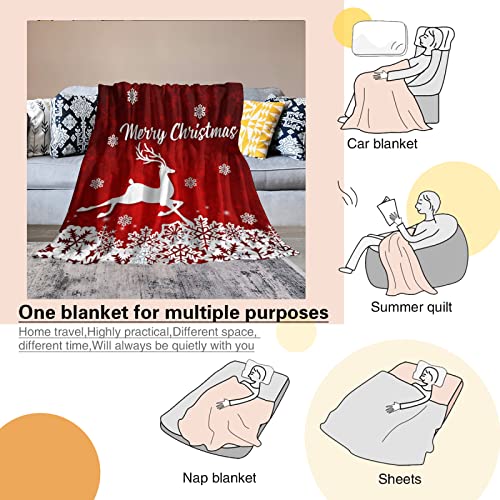Merry Christmas Red Flannel Fleece Throw Blanket 60x80in with Snowflake Reindeer Print - White