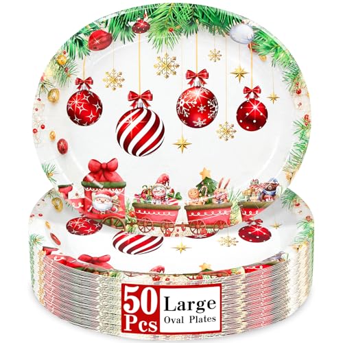 LIKAJON Christmas Ball Paper Plates - 50 Pcs Oval Holiday Disposable Dinnerware