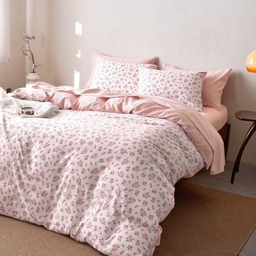 Full Pink Floral Comforter Set with Sheets - 7 Piece Bed in a Bag for Women & Teen Girls