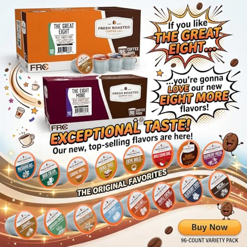 Fresh Roasted Coffee Flavored K-Cup Pod Variety Pack - 96 Count, Medium Roast, Kosher - The Great Eight Variation