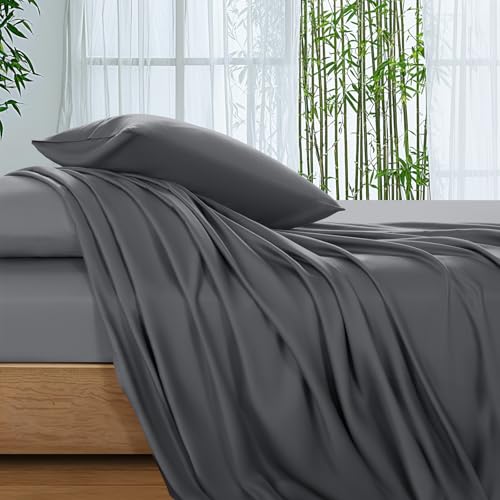King Size Bamboo Rayon Bed Sheet Set with Dark Grey Variation - 4 Piece