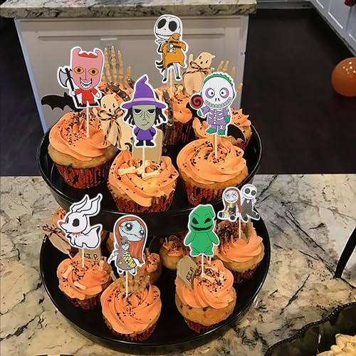 40 Pack Halloween Cupcake Toppers Skull Ghost Jack and Sally Cupcake Picks for Scary Christmas Halloween Anniversary Birthday Cake Decorations Party Supplies