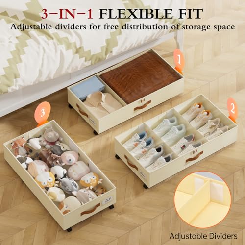 Yecaye Beige Large 60L Under Bed Storage Containers with Wheels, Adjustable Dividers & Clear Lid - 4 Pack