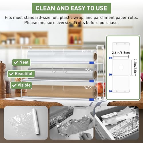 3-in-1 Acrylic Foil & Plastic Wrap Organizer with Cutter - Wall Mount or Drawer