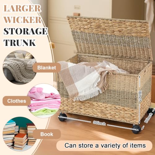 Large Tricolor Wicker Storage Trunk Basket with Wheels - 42.3 Gallon / 160L