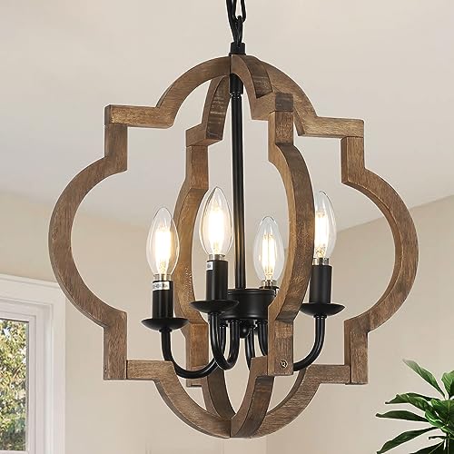 Brown Farmhouse Chandelier Light Fixture - 4-Light Rustic Wood Pendant for Dining Room & Kitchen
